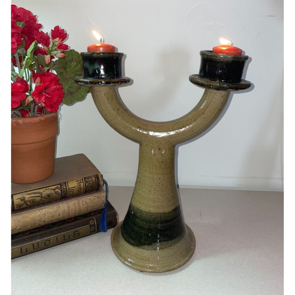 Handcrafted Studio Art Pottery 2 Candle Holder Candelabra 2 Arm
